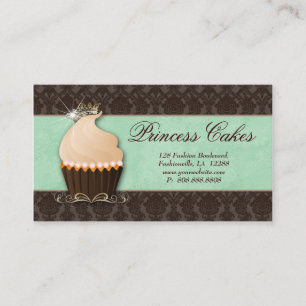 Cupcake Business Card Crown Mint Brown Damask