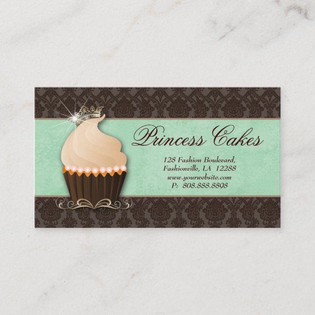 Cupcake Business Card Crown Mint Brown Damask (Front)