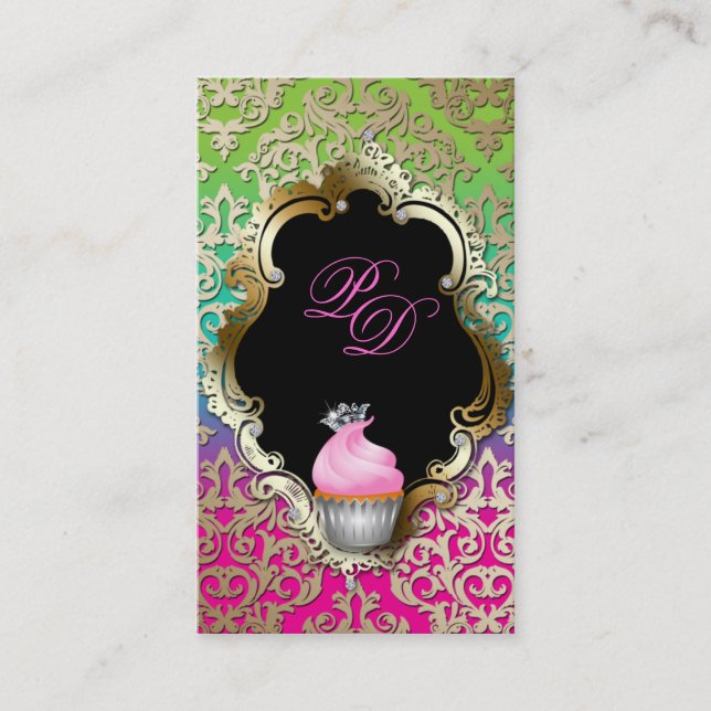 Cupcake Business Card Elegant Damask Pink Green (Front)