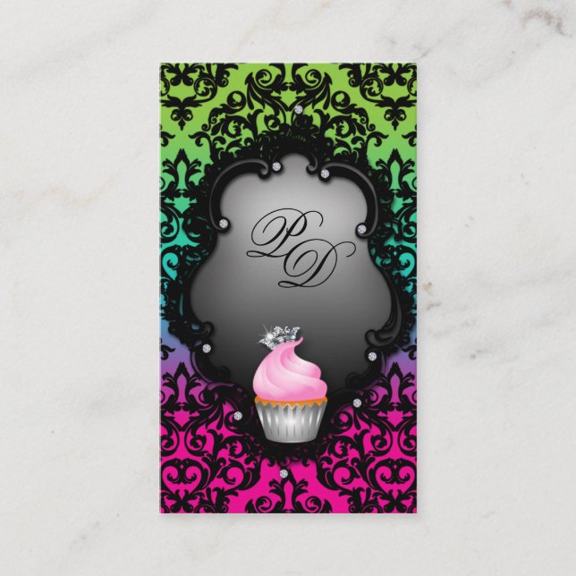 Cupcake Business Card Retro Damask Pink Green (Front)
