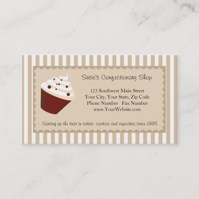 Cupcake Business Card, Soft Mocha Stripes Card (Front)