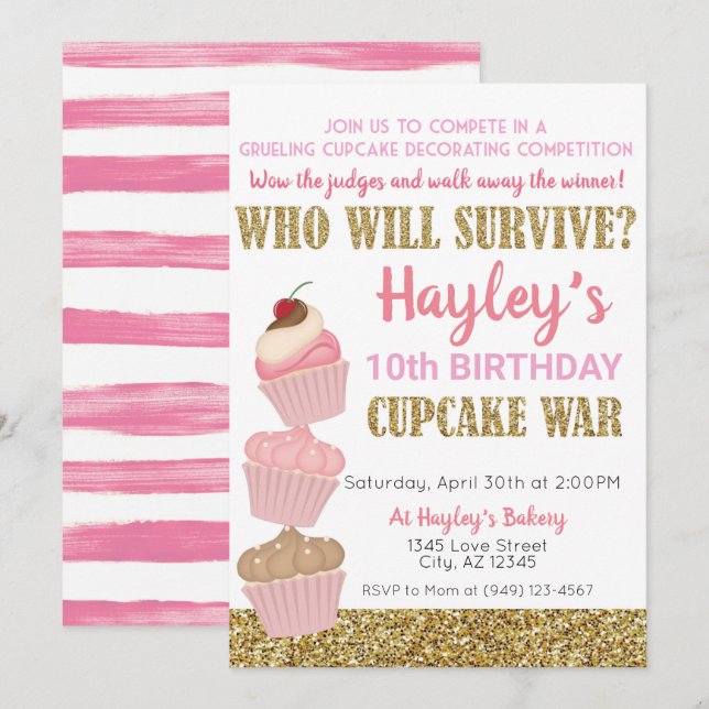 Cupcake Challenge Baking Pink & Gold Birthday Invitation (Front/Back)