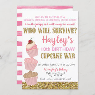 Cupcake Challenge Baking Pink & Gold Birthday Invitation