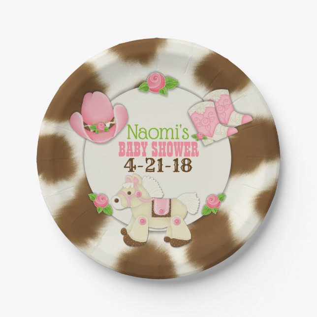 Cupcake Cowgirl Baby Girl Shower 7" Paper Plate (Front)