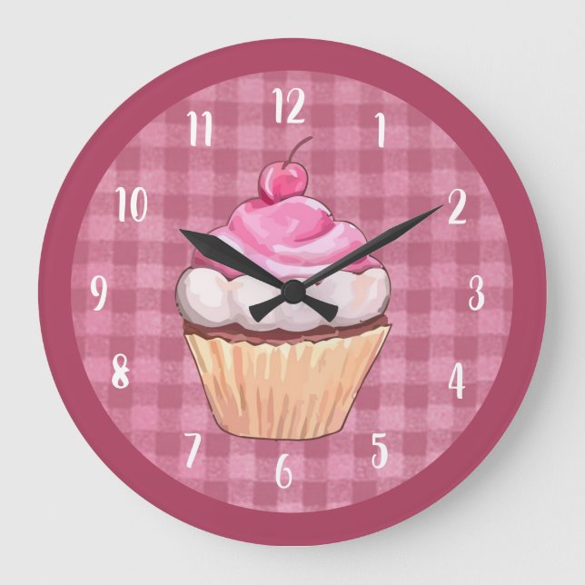 Cupcake Cute Pink Gingham Bakery Dessert Large Clock (Front)