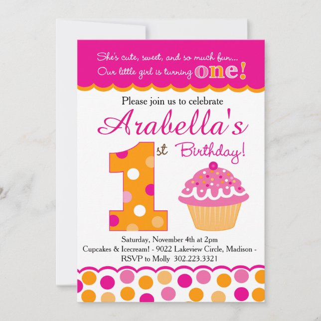 Cupcake Cutie Pie (Pink & Orange) First Birthday Invitation (Front)