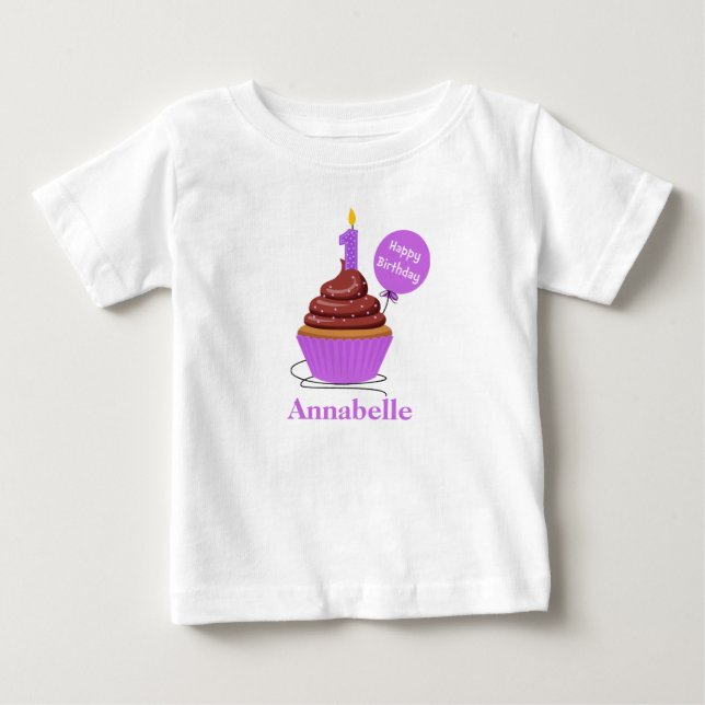 Cupcake First Birthday Tshirt purple Personalised (Front)
