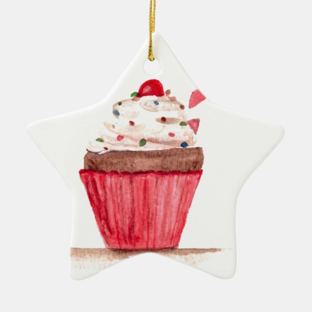 Cupcake food watercolor pink cake baker sweet ceramic ornament (Front)
