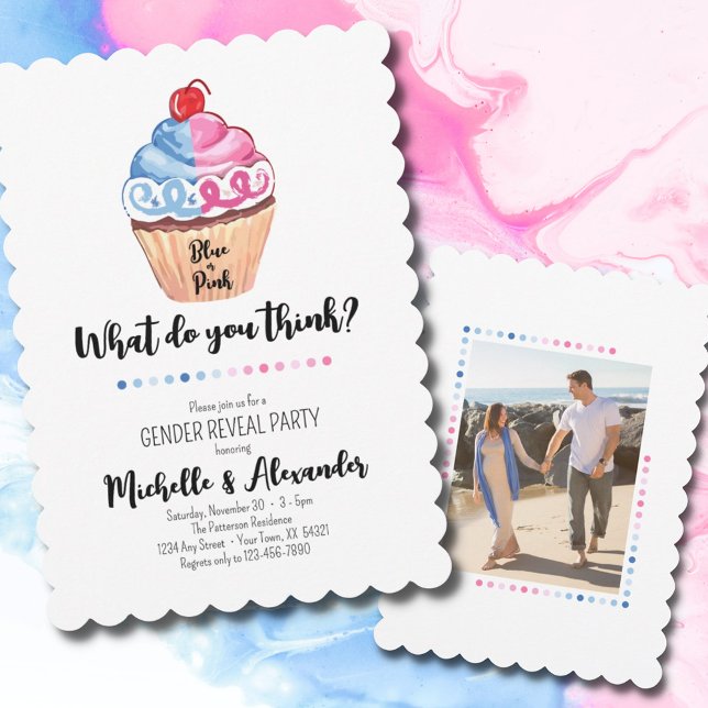 Cupcake Gender Reveal Blue Pink Photo Party Invitation (Creator Uploaded)