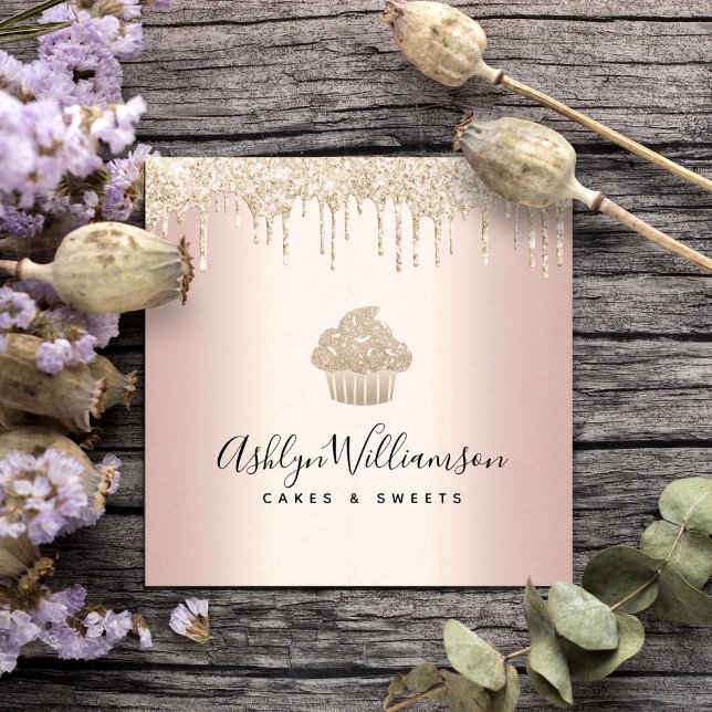 Cupcake Gold Glitter Drips Bakery Pastry Chef Pink Square Business Card (Creator Uploaded)
