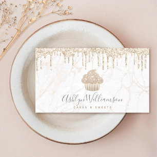 Cupcake Gold Glitter Drips Marble Bakery Dessert Business Card