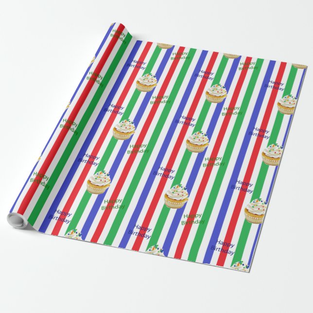 Cupcake Happy Birthday Red Blue Green Wrapping Paper (Unrolled)