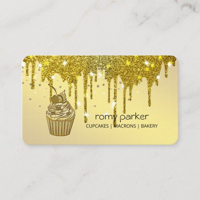 Cupcake Home Bakery Pastry Gold Dripping Business Card (Front)