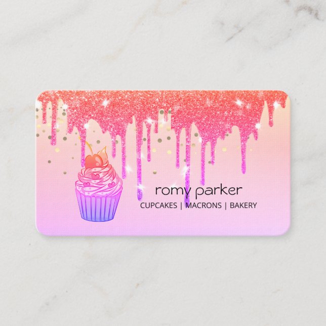Cupcake Home Bakery Pastry Pink Red Dripping Business Card (Front)