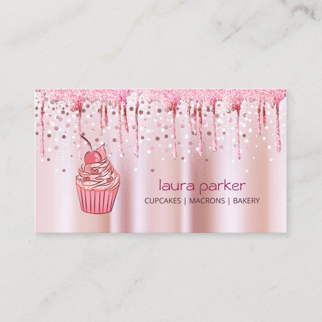 Cupcake Home Bakery Pastry Rose Gold Dripping Business Card (Front)