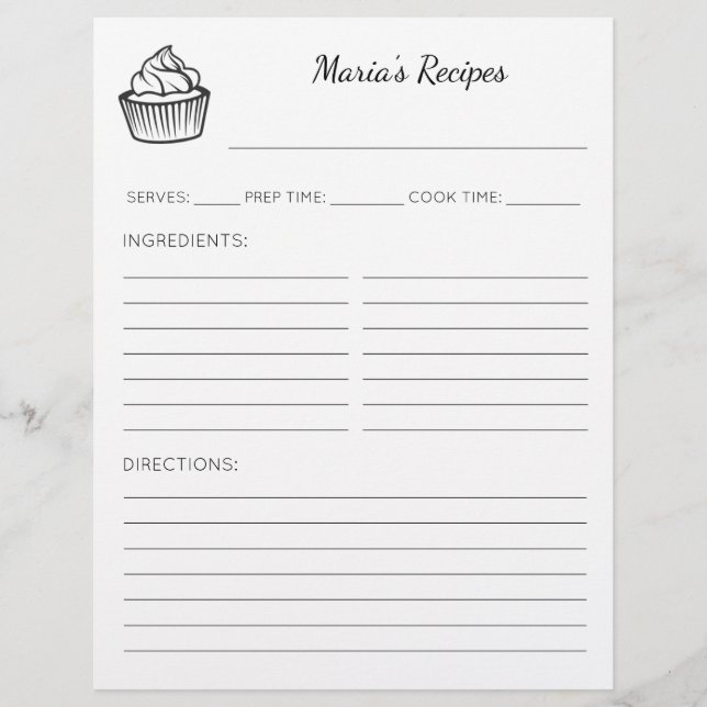 Cupcake Illustration Personalized Recipe Pages (Front)