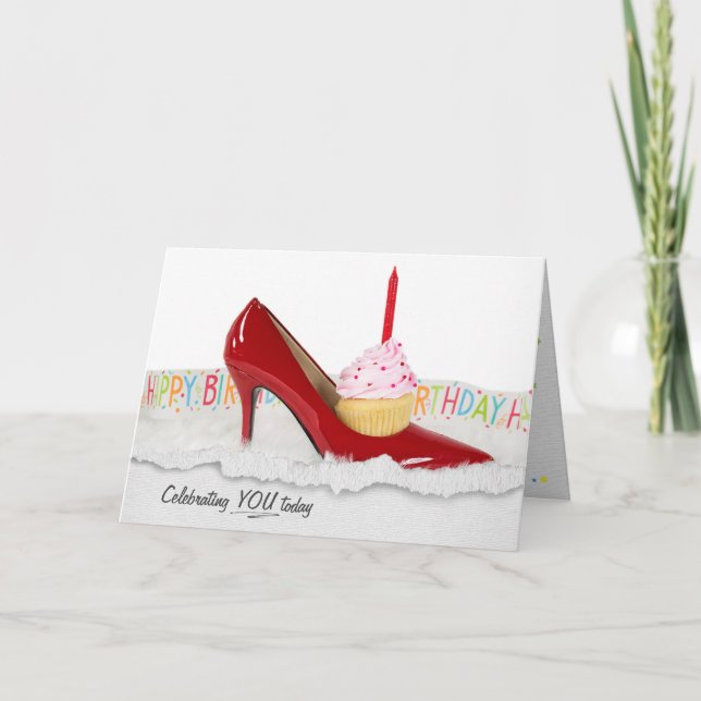 Cupcake In Red Shoe Birthday Card (Front)