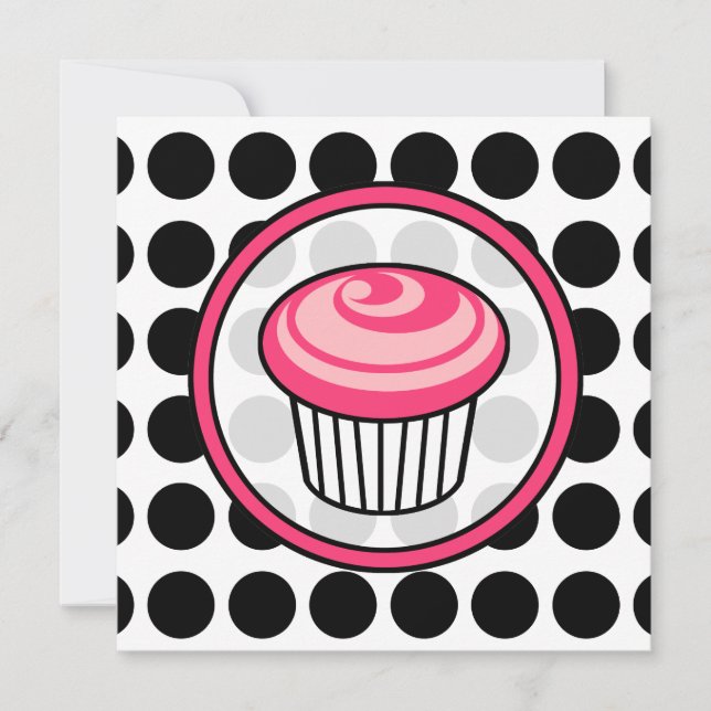 Cupcake Invitation - Polka Dot / Pink & Black (Front)