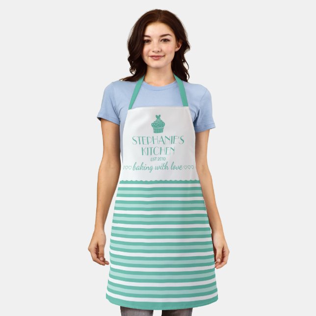 Cupcake Name Baking With Love Stripe Mint Apron (Worn)