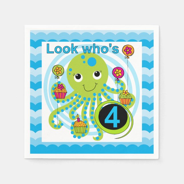 Cupcake Octopus 4th Birthday Paper Napkins (Front)