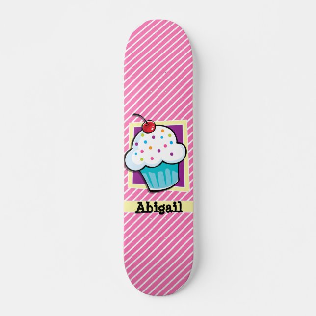 Cupcake on Pink & White Stripes Skateboard (Front)