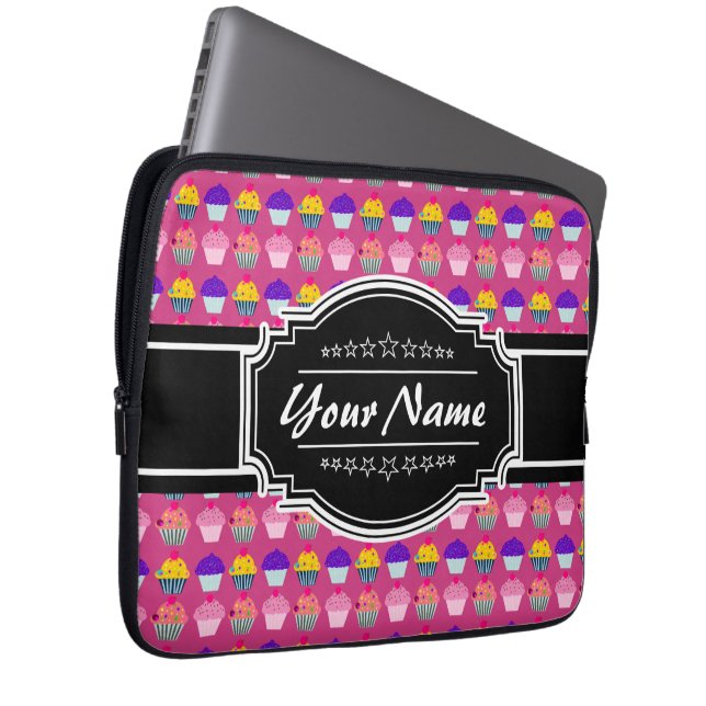 Cupcake Pattern Black Personalised Name Laptop Sleeve (Front Right)