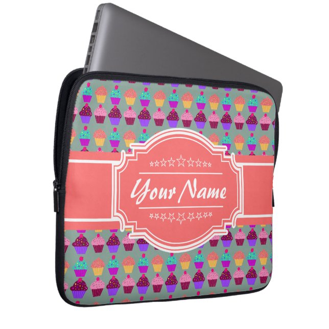 Cupcake Pattern Coral Personalised Name Laptop Sleeve (Front Right)