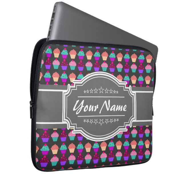 Cupcake Pattern Grey Personalised Name Laptop Sleeve (Front Right)