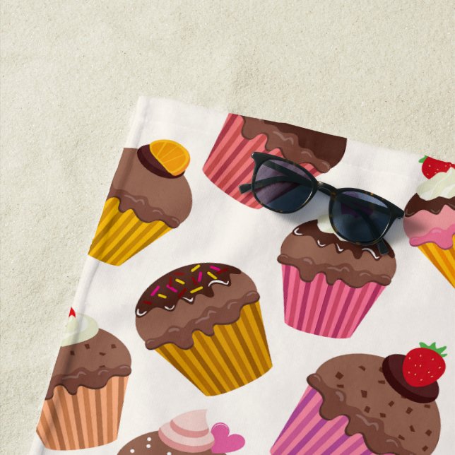 Cupcake Pattern, Muffin Pattern, Chocolate, Hearts Beach Towel (In Situ)