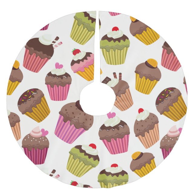 Cupcake Pattern, Muffin Pattern, Chocolate, Hearts Brushed Polyester Tree Skirt (Front)