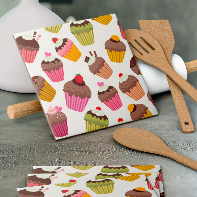 Cupcake Pattern, Muffin Pattern, Chocolate, Hearts Ceramic Tile (Creator Uploaded)