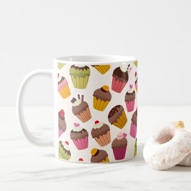 Cupcake Pattern, Muffin Pattern, Chocolate, Hearts Coffee Mug (With Donut)