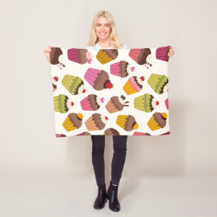 Cupcake Pattern, Muffin Pattern, Chocolate, Hearts Fleece Blanket