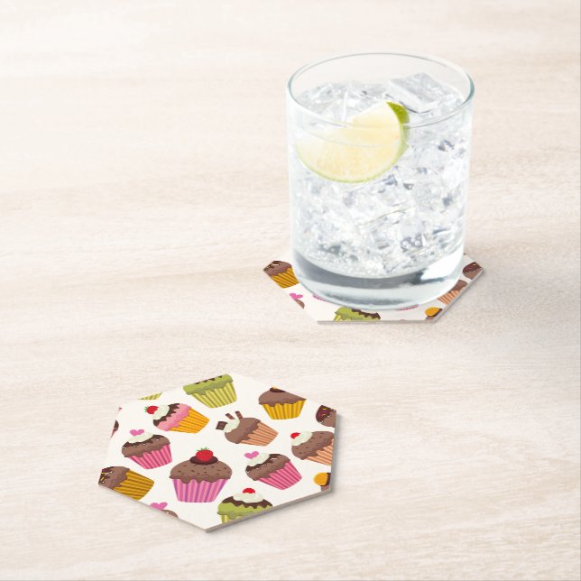 Cupcake Pattern, Muffin Pattern, Chocolate, Hearts Paper Coaster (Insitu)
