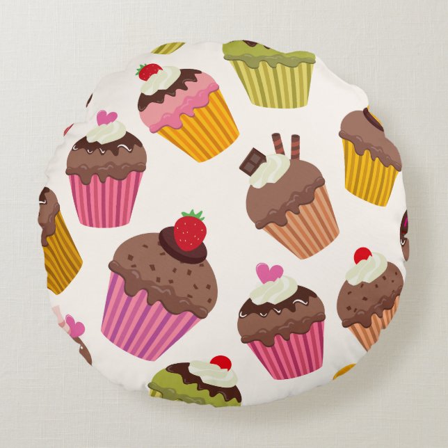 Cupcake Pattern, Muffin Pattern, Chocolate, Hearts Round Cushion (Front)