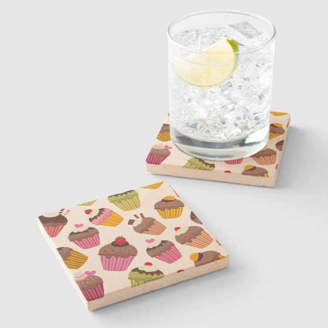 Cupcake Pattern, Muffin Pattern, Chocolate, Hearts Stone Coaster (Side)