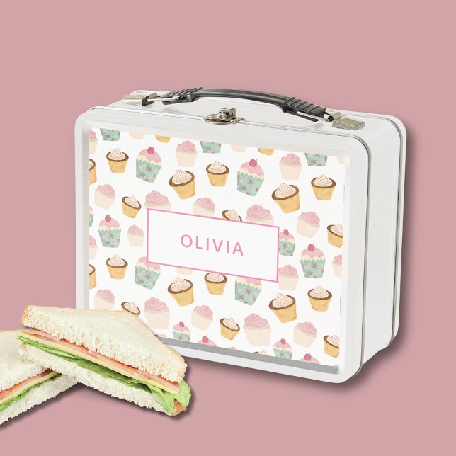 Cupcake Personalised Custom Name Metal Lunch Box (Cute cupcake lunch box, perfect for back to school. Personalize with your own name or text.)