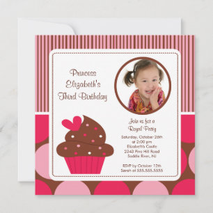 Cupcake Photo Birthday Invitation Pink Polka Dots