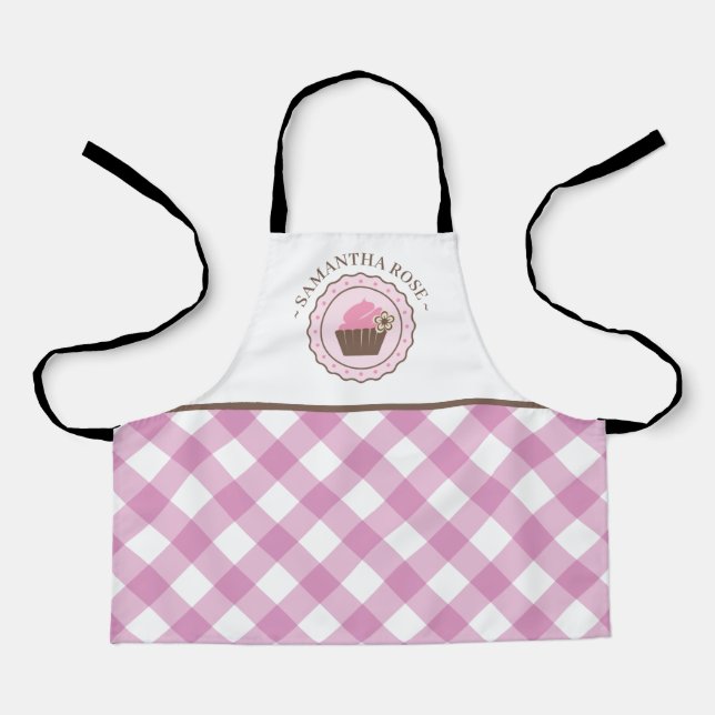 Cupcake Pink and White Plaid Custom Name Apron (Front)