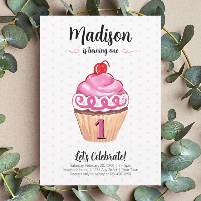 Cupcake Pink Girl Photo 1st Birthday Invitation (Creator Uploaded)