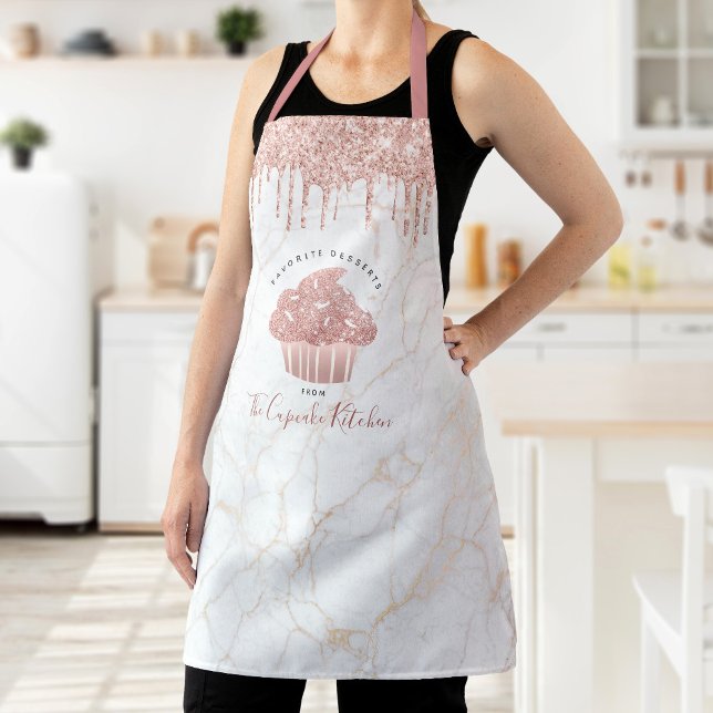 Cupcake Pink Rose Glitter Drips Marble Bakery Chef Apron (Creator Uploaded)