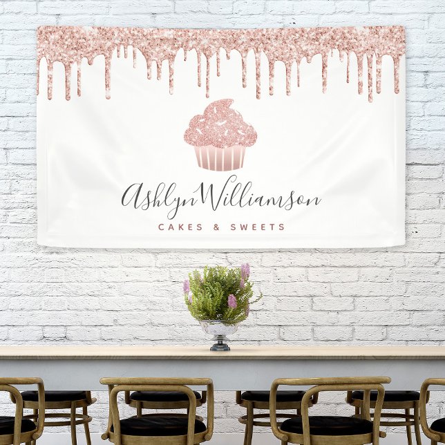 Cupcake Pink Rose Gold Glitter Drips Bakery Chef Banner (Creator Uploaded)