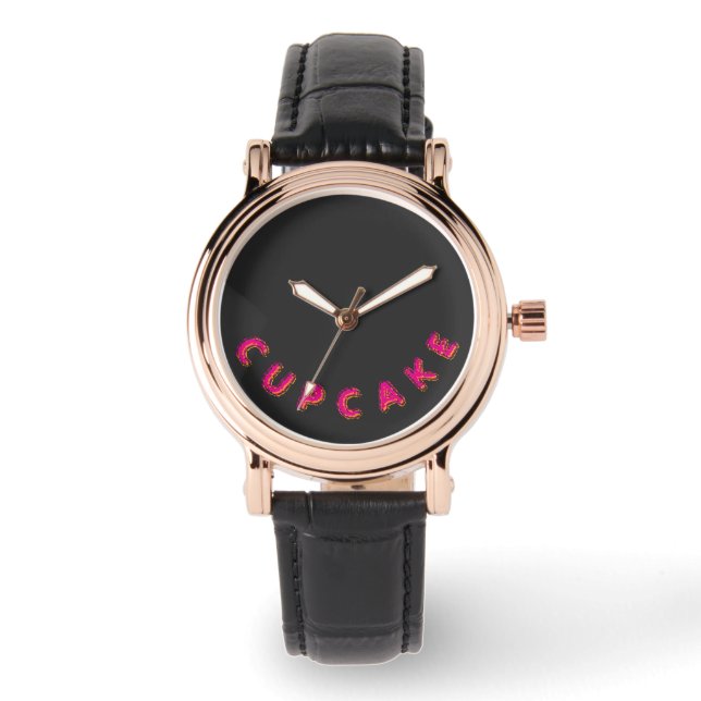 Cupcake Pink Text Custom Black  Watch (Front)