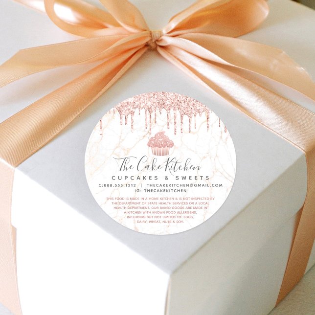 Cupcake Rose Gold Glitter Drip Marble Bakery Legal Classic Round Sticker (Creator Uploaded)