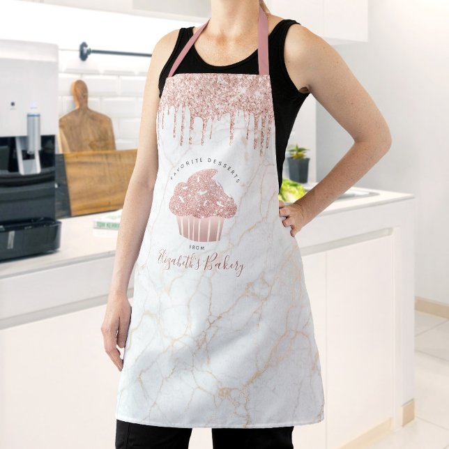 Cupcake Rose Gold Glitter Drips Marble Bakery Chef Apron (Creator Uploaded)
