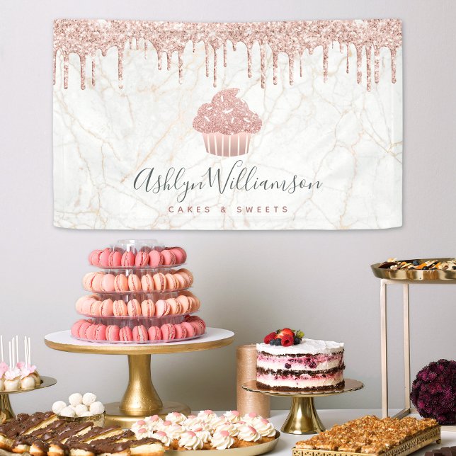 Cupcake Rose Gold Glitter Drips Marble Bakery Chef Banner (Creator Uploaded)
