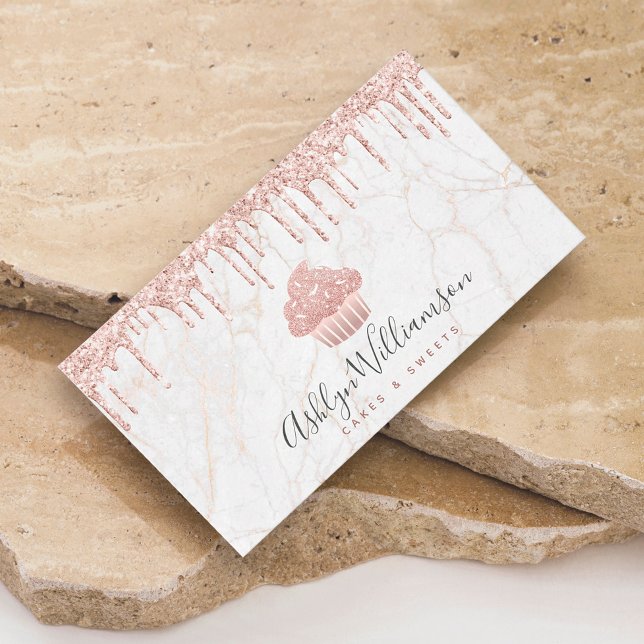 Cupcake Rose Gold Glitter Drips Marble Bakery Chef Business Card (Creator Uploaded)