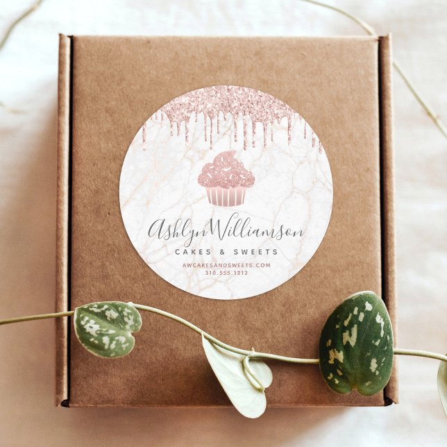 Cupcake Rose Gold Glitter Drips Marble Chef Bakery Classic Round Sticker (Creator Uploaded)