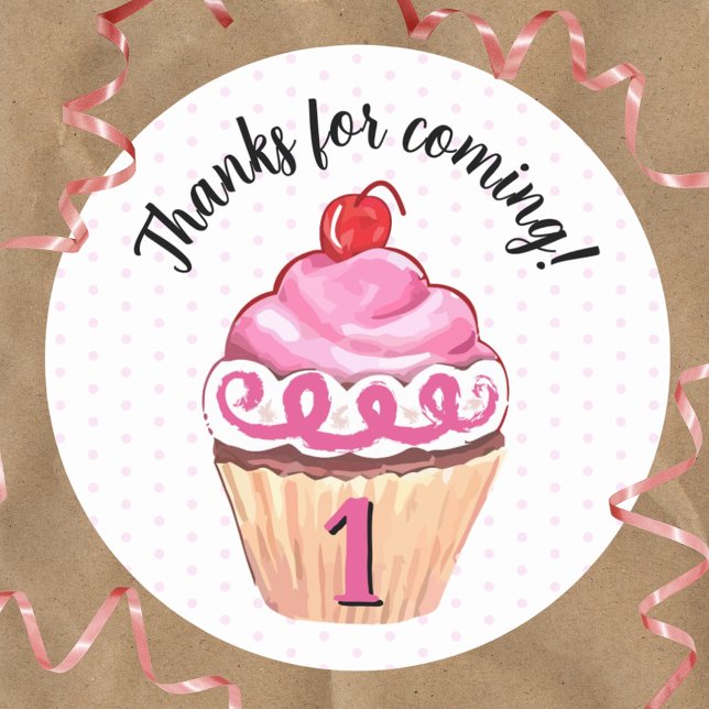 Cupcake Thank You Pink Girl 1st Birthday Classic Round Sticker (Creator Uploaded)