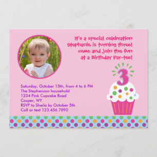Cupcake Third Birthday Party Photo Invitation